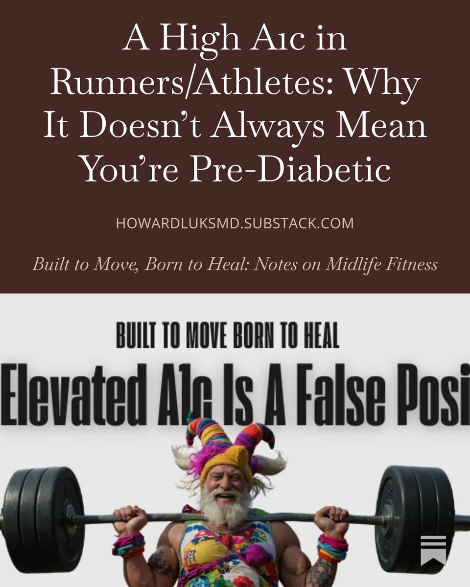 hjluks's tweet image. Endurance athletes frequently have a high normal A1c. I actually know some that have been treated for this. 
Chances are, you’re not pre-diabetic. Imperfect population health markers occasionally need more context. 
Full article on that sub thing below.