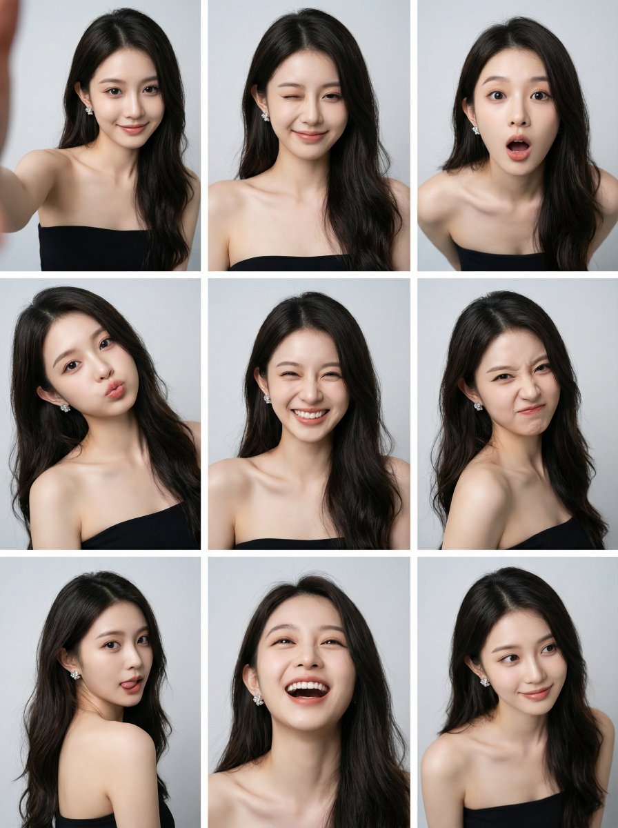 msjiaozhu's tweet photo. {
  "project_settings": {
    "task_type": "Single_Image_Contact_Sheet (9-Grid)",
    "aspect_ratio": "3:4",
    "resolution_mode": "High / Upscale (Crucial for face details in grids)",
    "batch_size": 1
  },
  "reference_config": {
    "usage": "Upload Reference Image -> Set Strength to 0.5-0.7",
    "purpose": "Define the 3x3 grid structure and character identity"
  },
  "prompt_payload": {
    "structure_trigger": "A single contact sheet image containing a 3x3 photo grid matrix",
    "grid_logic": "9 distinct panels separated by thin white borders",
    "subject_consistency": "Same young asian woman in all 9 panels, identical outfit, identical hairstyle",
    "expression_variation": "9 different facial expressions (winking, tongue out, surprised, laughing, serious, etc.)",
    "camera_angles": "Varied angles in each panel (high angle, low angle, straight on)",
    "visual_style": "Photorealistic, Studio lighting, Light grey background, K-pop idol photocard style"
  },
  "negative_prompt": [
    "One single portrait",
    "merged bodies",
    "distorted grid lines",
    "missing panels",
    "cartoon",
    "illustration",
    "different clothes"
  ]
}