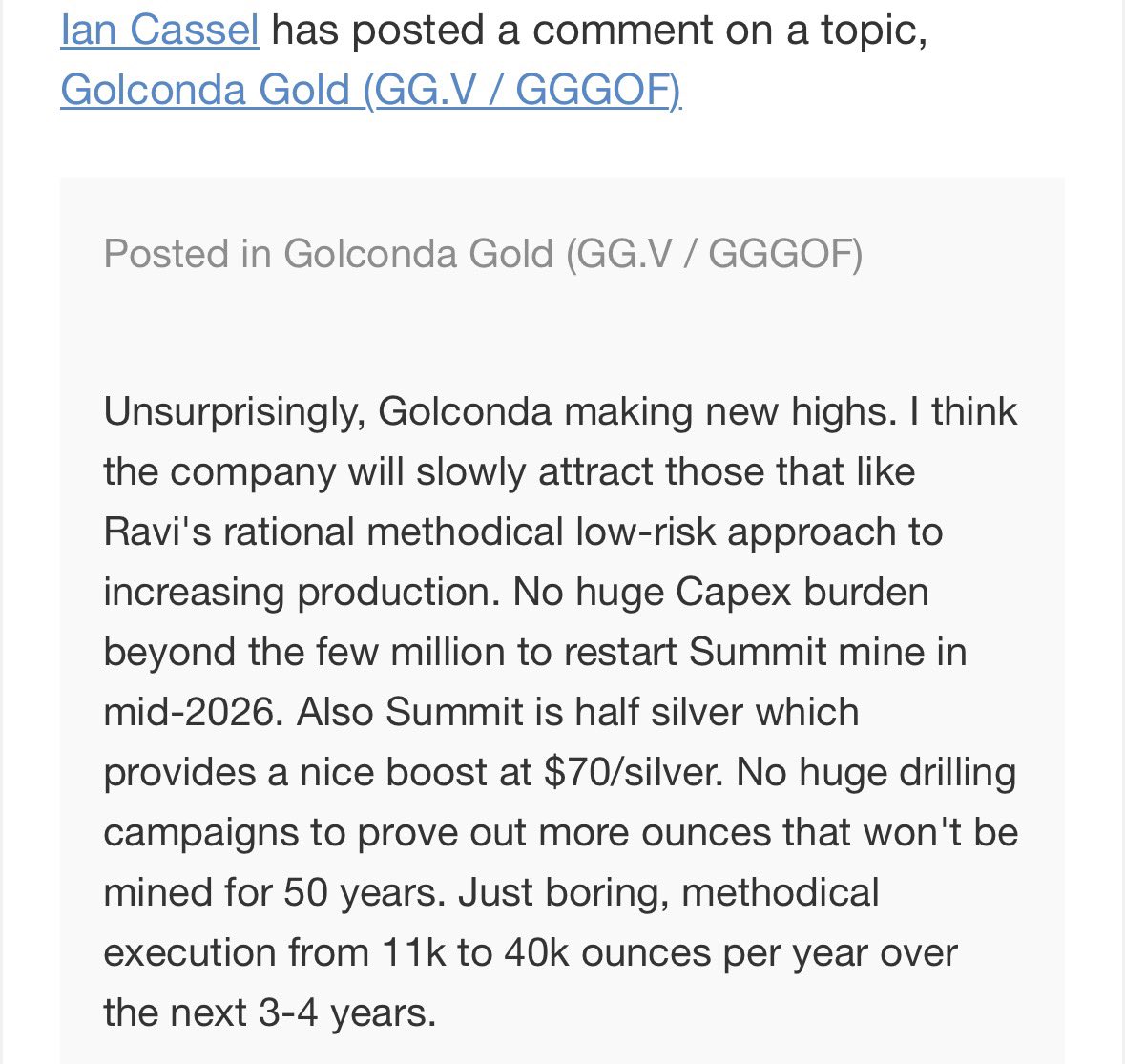 LOVE Golconda Gold $GGGOF - 
a “set it and forget it” story we own courtesy of great coverage from <a href="/iancassel/">Ian Cassel</a> of <a href="/MicroCapClub/">MicroCapClub</a>  

<a href="/Golconda/">Golconda</a>
microcapclub.com