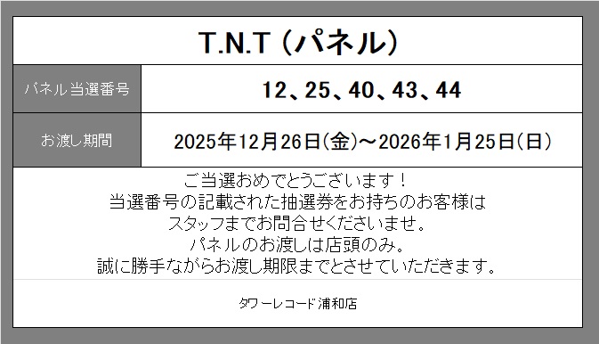 TNT】 T.N.T『未来へ/I Don't Care』発売記念パネル展 当選番号の発表