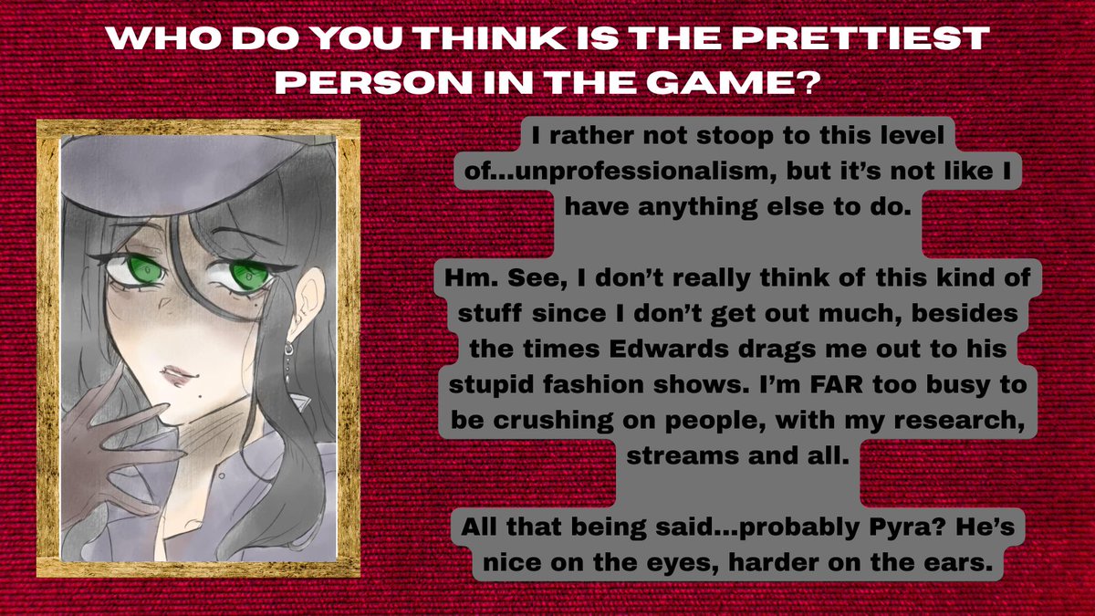 reverbbloodline's tweet photo. Who does the cast think is the prettiest person in the game? Part 1 of 4.

Bard, Herman, Rubbers and Zinnia weigh in!

(yes, admin did forget the quotation marks but we just. Simply look away)

#fanganronpa #fangan #fangantwt #reverbbloodlines #dgrb (art by Kyami!) https://t.co/mnGhELVIbQ