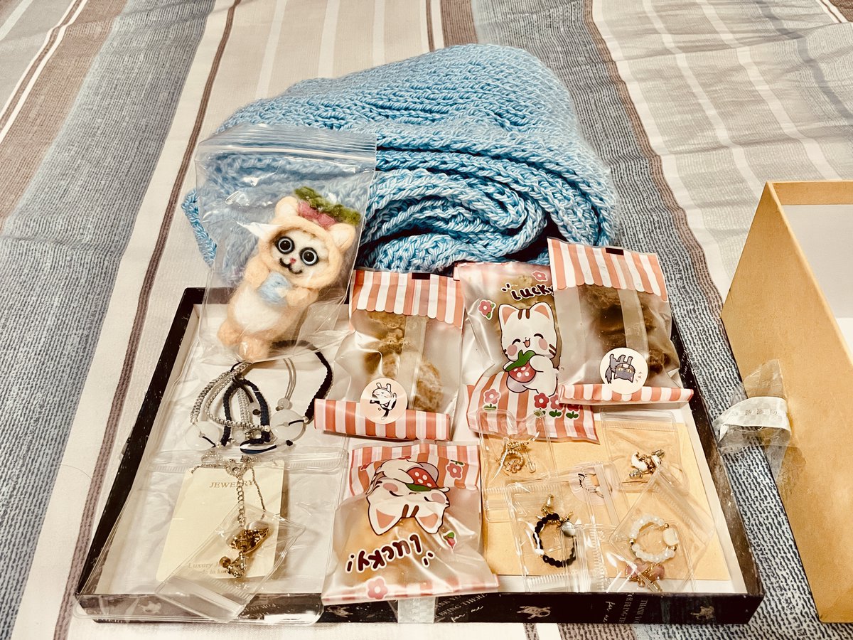 rxz456789123tw's tweet photo. 感謝月月滿滿一箱的禮物🎁
裡面有手工圍巾、手工餅乾、手工手鍊、羊毛氈貓咪，
都是月月親手做的，超讚的✧*｡٩(ˊᗜˋ*)و✧*｡

我一定要特別強調這羊毛氈貓咪
真的可愛、跟商品圖一模一樣
我絕對沒有被威脅

(不停眨眼暗示)              

祝月月聖誕樂@lanningyue  🎄 https://t.co/vDpdneRA0R