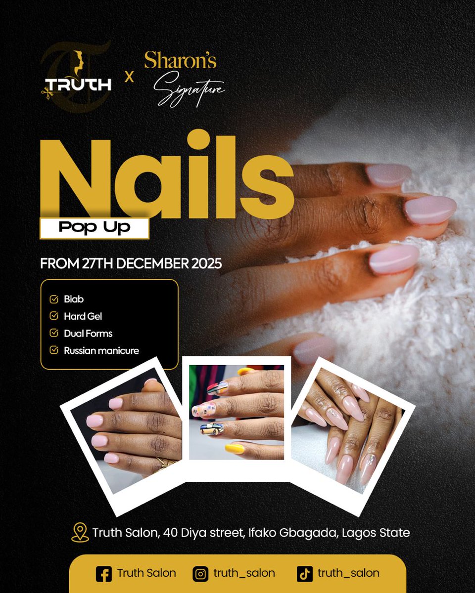 Truth_salon's tweet photo. Launching our Nails Studio in collaboration with Sharon's Signature 

*Saturday 27th December, 2025*

Mainland is about to go RED.... Clock It! https://t.co/AVyhA9tHvi