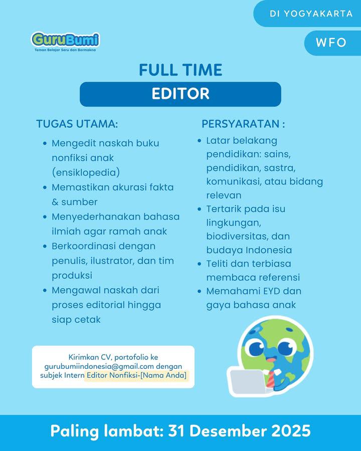 journaliyaa's tweet photo. Guru Bumi lagi butuh editor yang siap kerja dari Jogja. Apa Itu kamu?

Yuk, apply sekarang juga!

#lokerwriter #writer #WFO https://t.co/VEfkh9Br6r