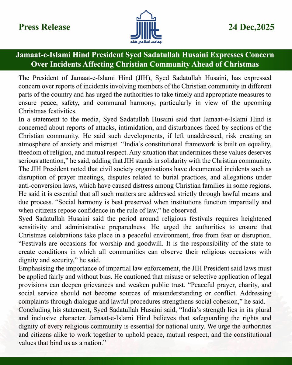 𝐉𝐚𝐦𝐚𝐚𝐭-𝐞-𝐈𝐬𝐥𝐚𝐦𝐢 𝐇𝐢𝐧𝐝 𝐏𝐫𝐞𝐬𝐢𝐝𝐞𝐧𝐭 𝐒𝐲𝐞𝐝 𝐒𝐚𝐝𝐚𝐭𝐮𝐥𝐥𝐚𝐡 𝐇𝐮𝐬𝐚𝐢𝐧𝐢 𝐄𝐱𝐩𝐫𝐞𝐬𝐬𝐞𝐬 𝐂𝐨𝐧𝐜𝐞𝐫𝐧 𝐎𝐯𝐞𝐫 𝐈𝐧𝐜𝐢𝐝𝐞𝐧𝐭𝐬 𝐀𝐟𝐟𝐞𝐜𝐭𝐢𝐧𝐠 𝐂𝐡𝐫𝐢𝐬𝐭𝐢𝐚𝐧 𝐂𝐨𝐦𝐦𝐮𝐧𝐢𝐭𝐲 𝐀𝐡𝐞𝐚𝐝 𝐨𝐟 𝐂𝐡𝐫𝐢𝐬𝐭𝐦𝐚𝐬.