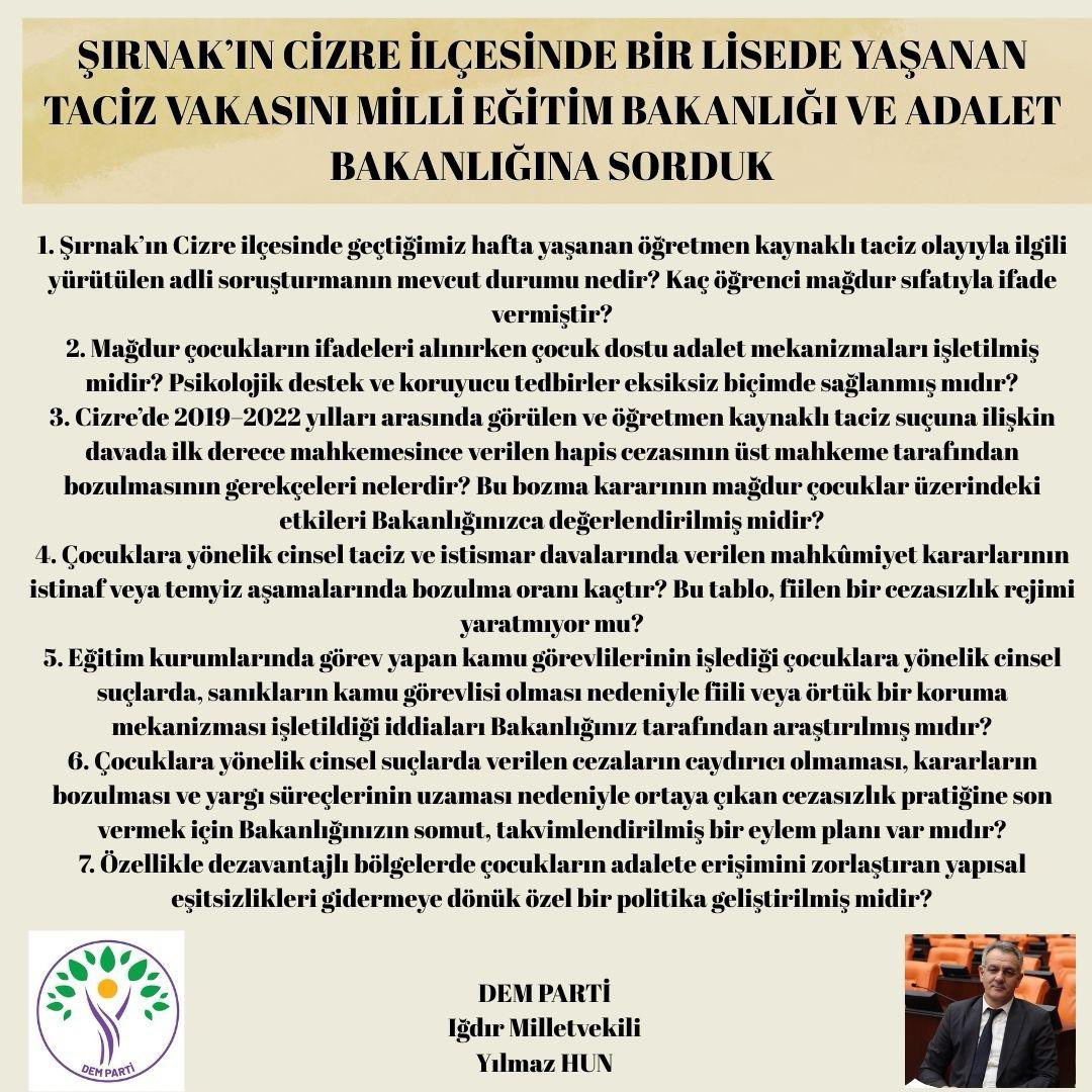Türkiye de eğitim sisteminin hali ortada

👉 Şırnak üniversitesinde yaşanan liyakatsiz personel alımı ve Şırnak Üniversitesi rektörünün açıklamaları
👉 Şırnak’ta bir lisede öğrencilere yönelik taciz vakasını <a href="/adalet_bakanlik/">T.C. Adalet Bakanlığı</a> ve <a href="/tcmeb/">Millî Eğitim Bakanlığı</a> dair soru önergemiz.