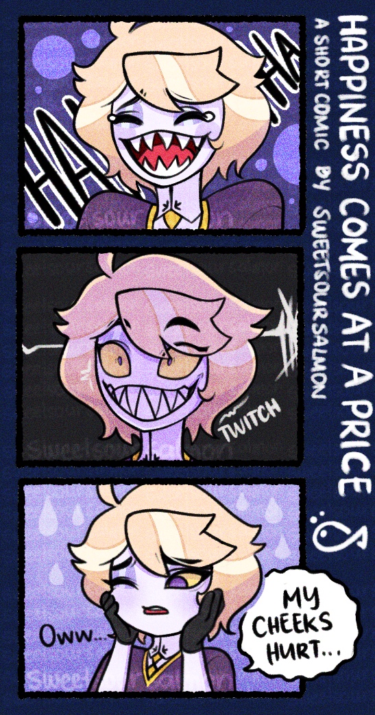 sweetsoursalmon's tweet photo. Happiness Comes at a Price (Short Comic)

OMG! my first comic of Sam :DDD and not something that's haphazardly made too!

(a thread)
#art #digitalart #illustration #salmonOC #HazbinHotelOC #HazbinHotelSam #comic https://t.co/KDBTF4LMDu
