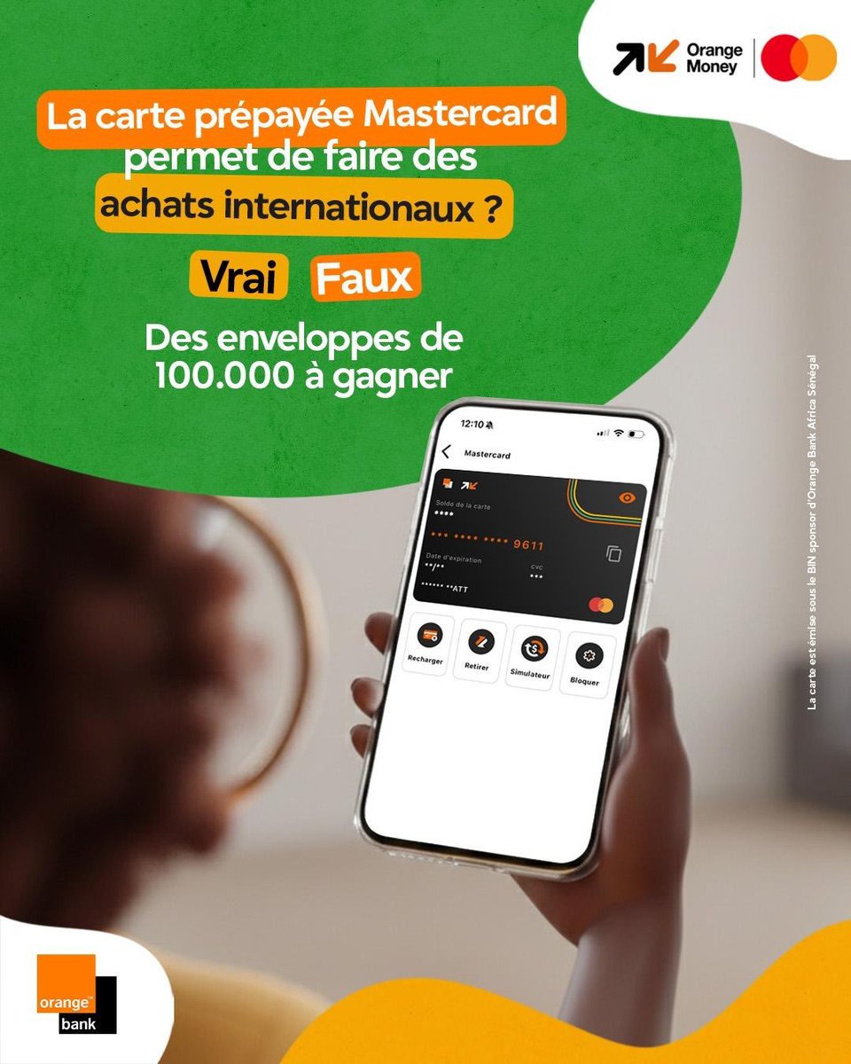 Gars yi, nëwëtina ak lou neekh way.
Répondez à ma question pour tenter de gagner jusqu’à 100.000Fcfa 🤩.

La carte virtuelle MasterCard vous permet-elle de faire des achats internationaux ? 
Khaliss bu wekh tall la leen di may ngir sen décembre meilleur 🥳! 
#Soda