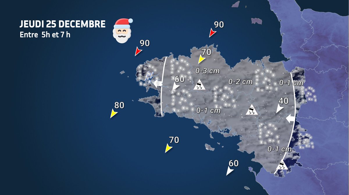 #meteo #Bretagne
🌬️❄️ Nuit de Noël sous surveillance : bise forte le long de la Manche, #neige et léger saupoudrage en fin de nuit et au matin.
⚠️ Risque de #verglas avec des températures entre 0 à -2°C. Prudence sur les routes !
Chronologie détaillée⤵️
 meteo.bzh/actualite/neig…