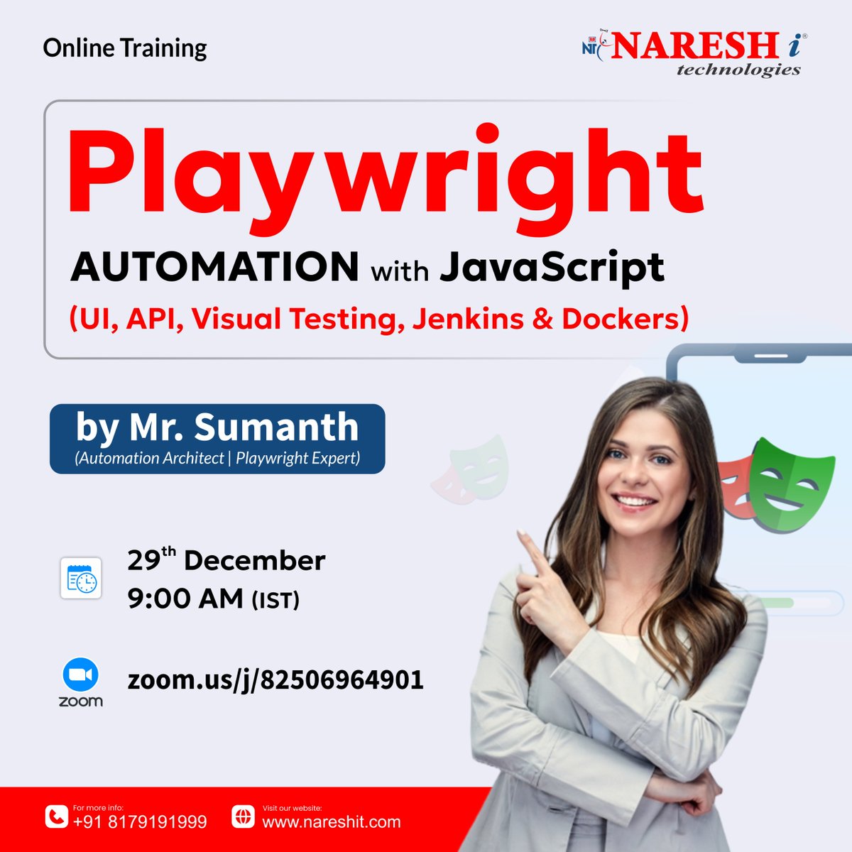 nareshitech's tweet photo. 🎭 Playwright Automation with JavaScript – Live Online Training
👉 Register Now: https://t.co/BET1YW6LuZ
👨🏫 Trainer: Mr. Sumanth
📅 Date: 29th December
⏰ Time: 9:00 AM (IST)
#Playwright #AutomationTesting #JavaScriptTesting #QACareer #TestAutomation #DevOpsTesting #Jenkins https://t.co/SLOIKmPTrn