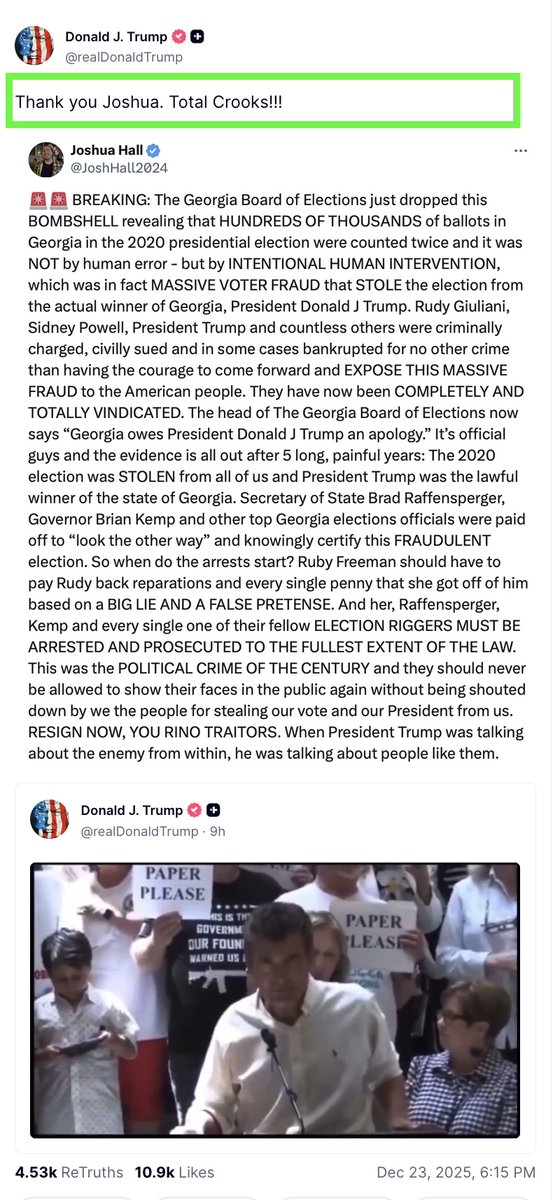 Rasmussen_Poll's tweet photo. Georgia Dec 23, 2025 Update: "Total Crooks!!!" 

"Intentional Human Intervention is the predicate for election fraud." https://t.co/kfmOsIkNZz