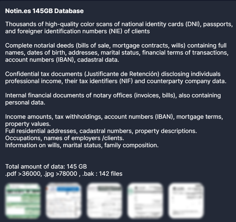 H4ckmanac's tweet photo. 🚨Cyberattack Alert ‼️

🇪🇸Spain - Notin

Everest hacking group claims to have breached Notin.

Allegedly, the attackers exfiltrated 145 GB of data, including scans of identity documents, notarial deeds, tax records, and other sensitive PII and financial information related to Spanish notary offices and their clients.

Sector: ICT
Threat class: Cybercrime
Observed: Dec 23, 2025
Status: Pending verification

—
About this post:
Hackmanac provides early warning and cyber situational awareness through its social channels. This alert is based on publicly available information that our analysts retrieved from clear and dark web sources. No confidential or proprietary data was downloaded, copied, or redistributed, and sensitive details were redacted from the attached screenshot(s).

For more details about this incident, our ESIX impact score, and additional context, visit https://t.co/eB7qgxKFAa.