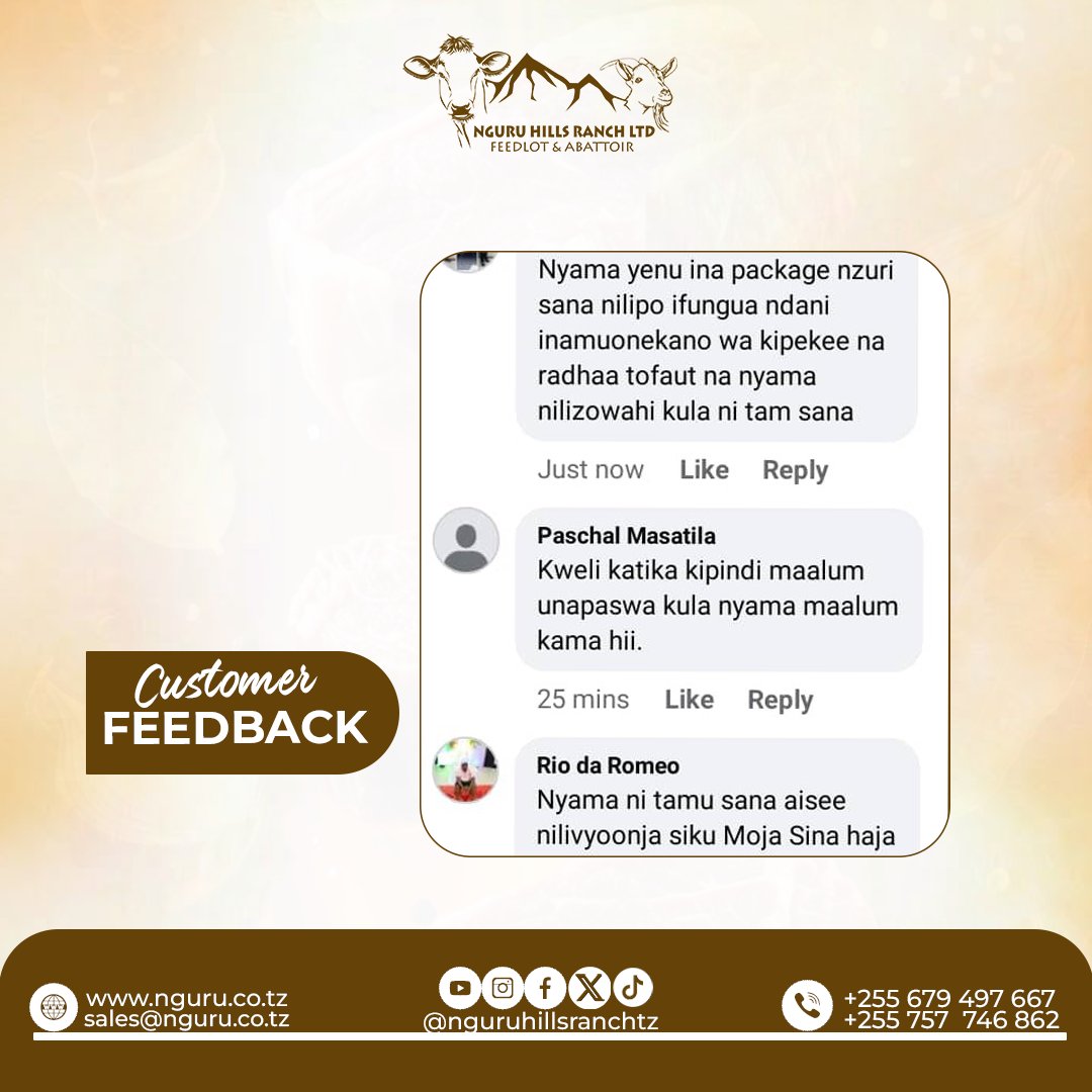 We are happy to hear from our valued customer.
Quality, freshness, and taste are our priority.
Thank you for trusting us 
Order with us today.
#nguruhillsranch 
#CustomerFeedback #QualityMeat #FreshMeat #TrustedBrand #HappyCustomers