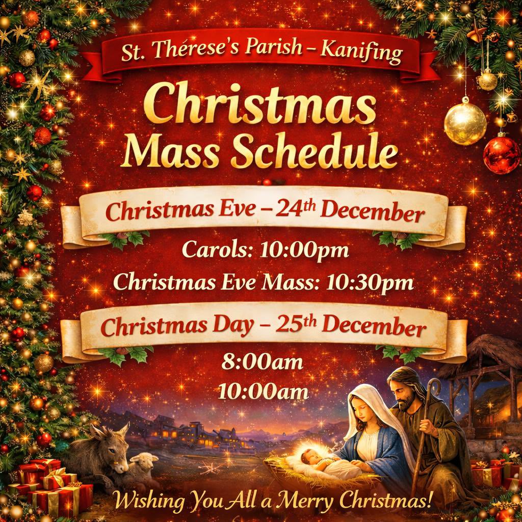 Seasons Greetings ✨

Join us at St. Thérèse’s Parish, as we celebrate the birth of Christ💫✨

Please be there in time for the carols and solemnly partake in the Mass Celebrations ✨🎄

May Christ be born in our hearts

 #CreamOfTheDiocese 
#MerryChristmas
#waasttherese 💃