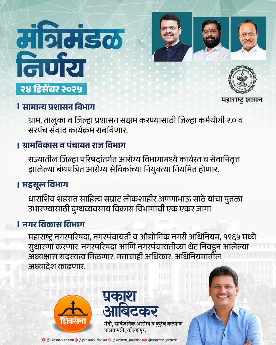 iprakashabitkar's tweet photo. मंत्रिमंडळ बैठकीतील निर्णय !

@Dev_Fadnavis 
@mieknathshinde 
@AjitPawarSpeaks 

#Shivsena #prakashabitkar #CabinetDecisions #mahayutisarkar #MaharashtraGovernment https://t.co/sU9vzt2dbS
