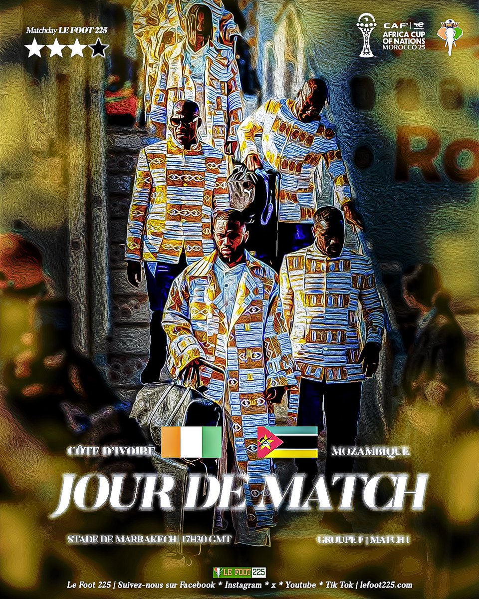 Jour de match ⚽️
Groupe F 🗓️ 

Côte d’Ivoire 🇨🇮 vs 🇲🇿 Mozambique 

Stade de Marrakech 🏟️ 
17H30 🕠 

Allez les Éléphants 🐘🇨🇮
#TotalEnergiesAFCON2025 🇲🇦