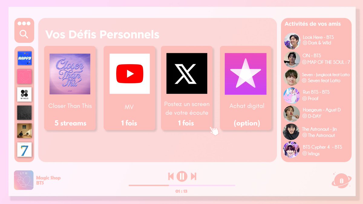 ARMYFRANCE_'s tweet image. [@BTS_twt  x #ChallengeYourself]

ARMYs !

Fêtons l’anniversaire du titre Closer Than This avec ces petits défis ! Vous pouvez écouter sur la plateforme de streaming de votre choix !

Allez-vous les relever ? 👀