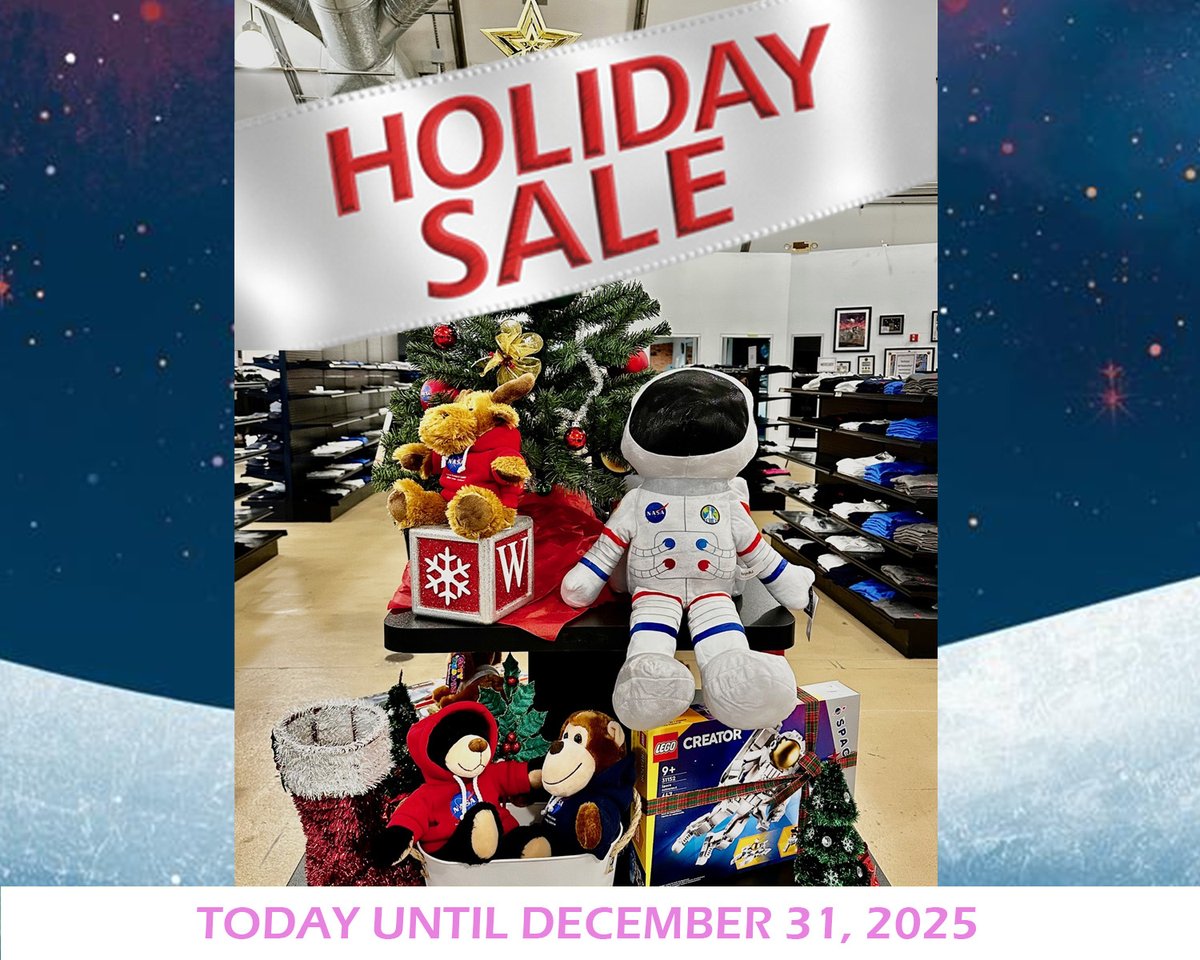 nasa_gear's tweet photo. Our Holiday Sale has taken flight!  
Enjoy 15% OFF regular-price items—the perfect time to shop gifts and gear.
Note: Discount does not apply to items already on sale. 
https://t.co/zjCjNF8etu https://t.co/v2W1sWru49