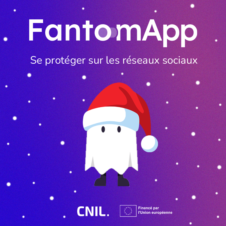 CNIL's tweet photo. 🎄La CNIL vous souhaite de joyeuses fêtes de fin d'année ✨
Durant les fêtes, aidez vos enfants à garder le contrôle sur leurs réseaux sociaux avec FantomApp, la première application de la CNIL créée avec et pour les 10-15ans. Pour en savoir plus 👉 https://t.co/dHrsBfXlPv https://t.co/y8YhDPfNwp