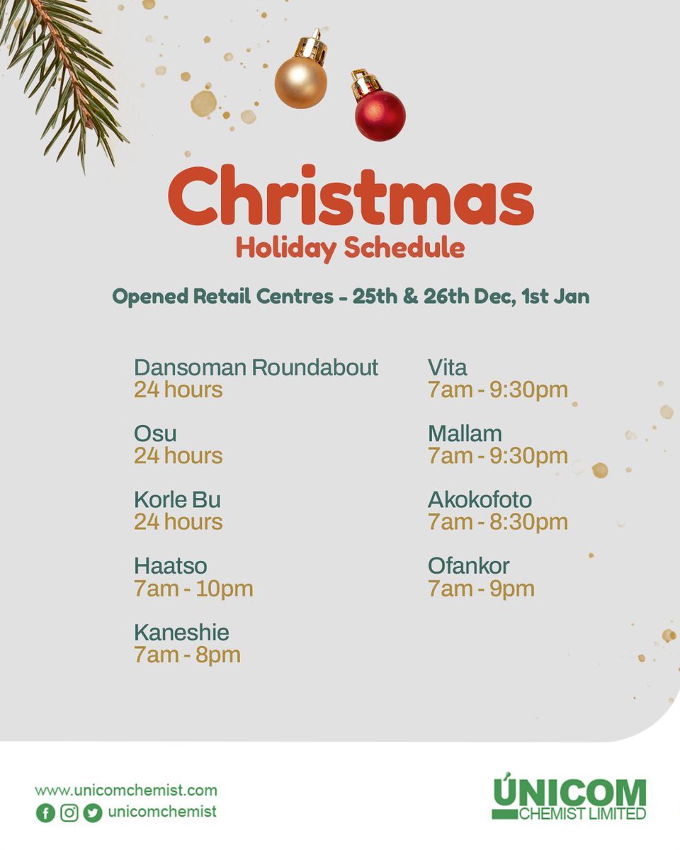 unicomchemist's tweet image. This festive season, your health is still our priority. 🎄
Check out our holiday opening hours and stop by Unicom Chemist for all your pharmacy needs.

#Christmas #FestiveWellness #UnicomChemist