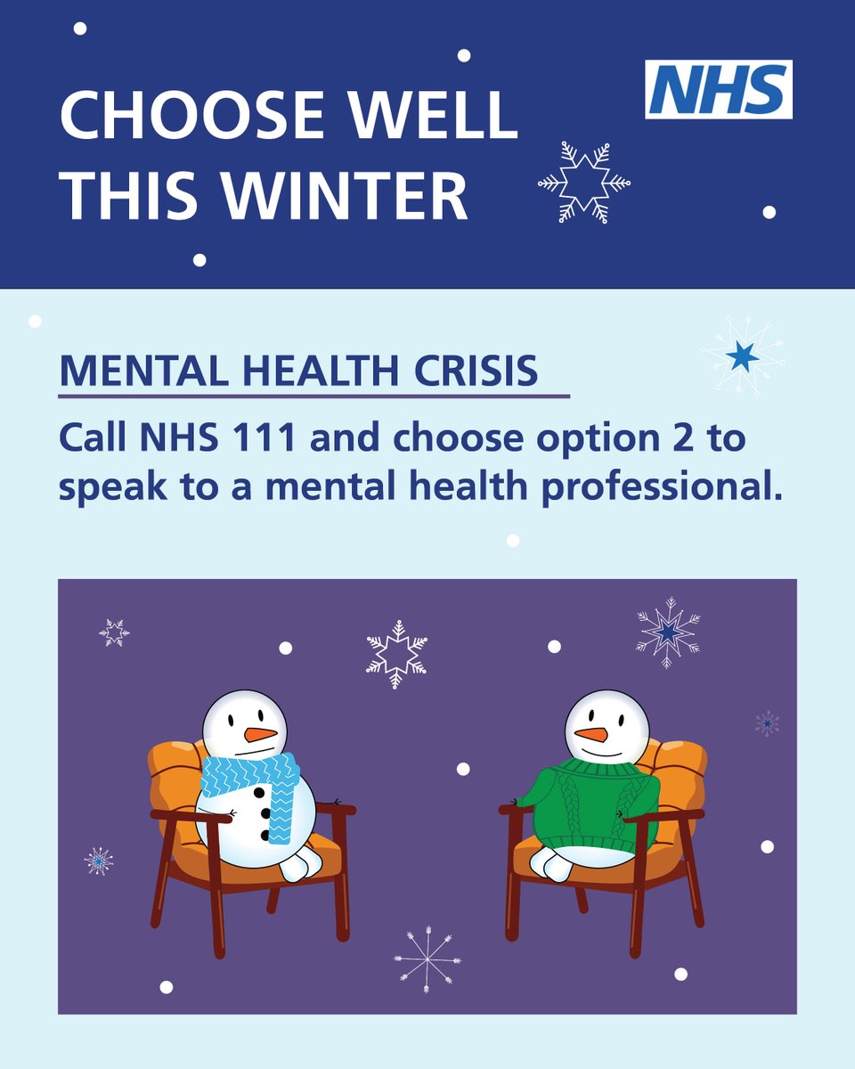 NHSLincsICB's tweet photo. If youβre experiencing a mental health crisis, youβre not alone.
π Call NHS 111 and choose option 2 to speak directly to a mental health professional.
Support is available 24/7. Learn more: https://t.co/gMBs3xh1Jj
#ChooseWell #MentalHealthMatters #WinterWellbeing https://t.co/ZZCNKuMDjX
