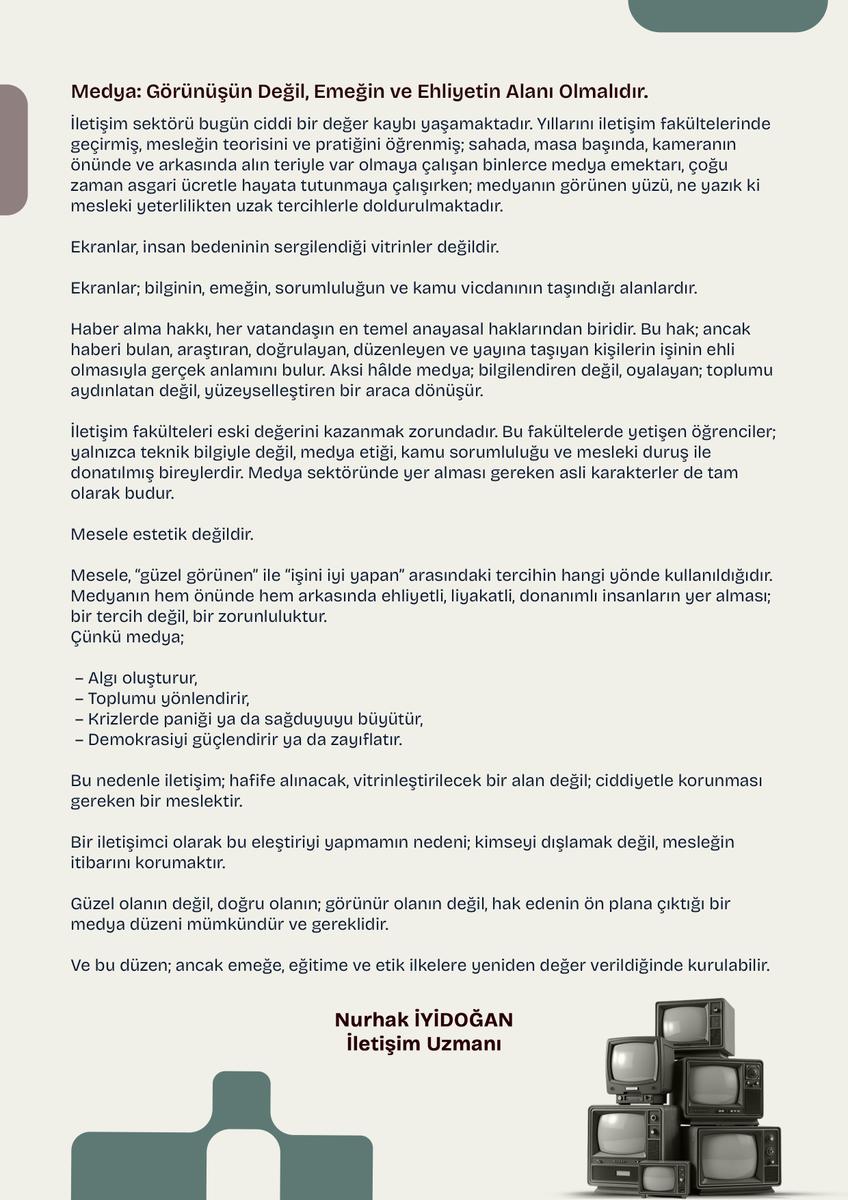 Nurhakiyidogan's tweet photo. 📺 Medya: Görünüşün Değil, Emeğin ve Ehliyetin Alanı Olmalıdır. Ekranlar, insan bedeninin sergilendiği vitrinler değildir. #saadettinsaran #ElaRuemeysaCebeci #emrullaherdinç #hamdiburakbeşer #elaruemeysa #alikoç #pozitif #iletişimfakültesi #iletişim #üniversite #basın #ilef https://t.co/f5ZwHxTzB0
