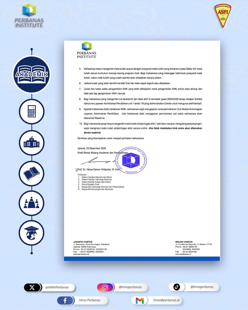 [ INFO AKADEMIK ]

Diberitahukan kepada seluruh Mahasiswa/i Perbanas Institute mengenai Info Akademik.

Berikut lampiran mengenai Jadwal Pengambilan KMK tersebut.
Harap diperhatikan dengan baik.

Best Regards,
Public Relation of HIMA Perbanas Institute