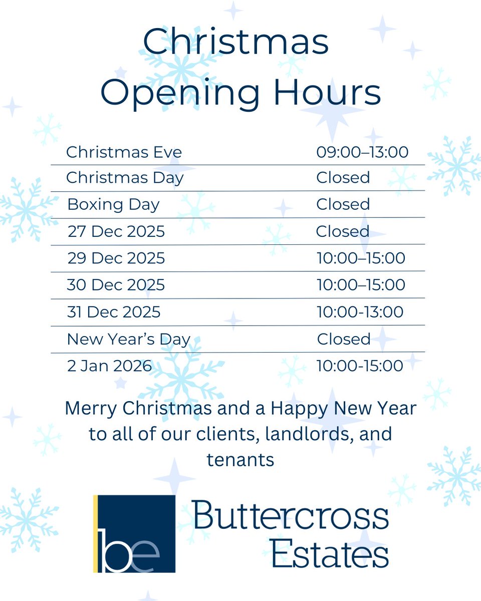 🎄Christmas Opening Hours🎄

Merry Christmas and a Happy New Year to all of our clients, landlords, and tenants!

#Christmas #ChristmasOpeningHours #MerryChristmas #NewYear #HappyNewYear