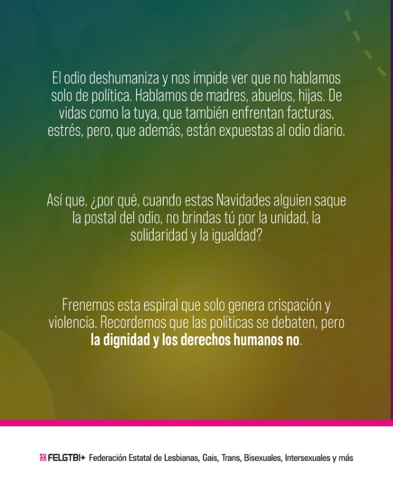 FELGTBI's tweet image. Esta Navidad muchas familias evitarán temas “para no discutir”. 

🌈Pero no siempre hablamos de política: hablamos de nuestros derechos y nuestras vidas.
 
💜Brindemos por empatía, dignidad e igualdad. Porque todas las vidas importan.

FELICES FIESTAS✨