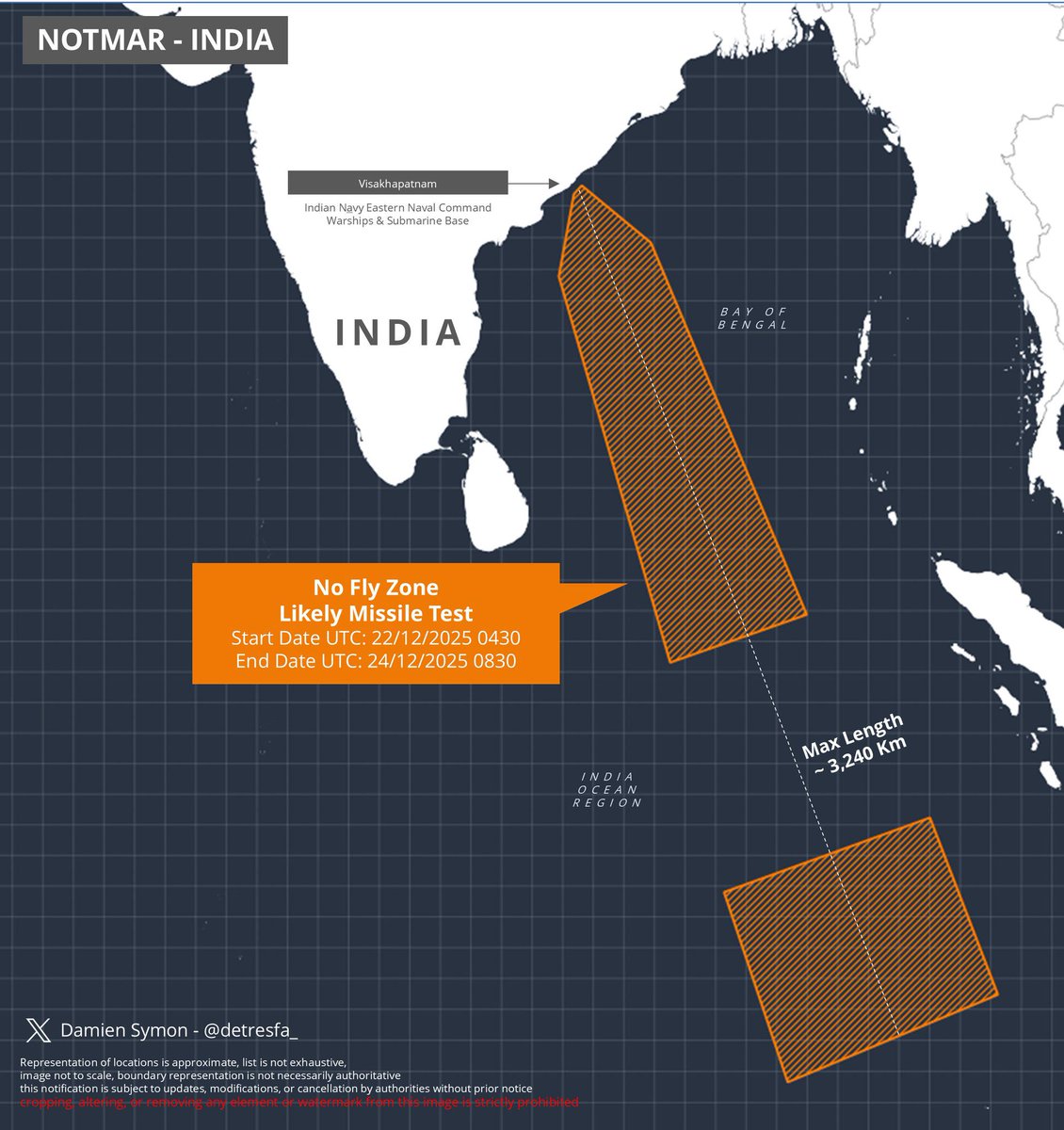 alpha_defense's tweet photo. Analysis of the area warning suggests the missile launch originated either from a submerged submarine or a pontoon-based platform.

Scenario 1: A submarine-launched test possibly linked to induction firing from an S4-class SSBN.
Scenario 2: A test of an improved K-4 / K-5 variant intended for the upcoming S5-class submarines.

Given that known submarines remain docked and there is an absence of mooring or departure visuals, the second scenario appears more plausible.