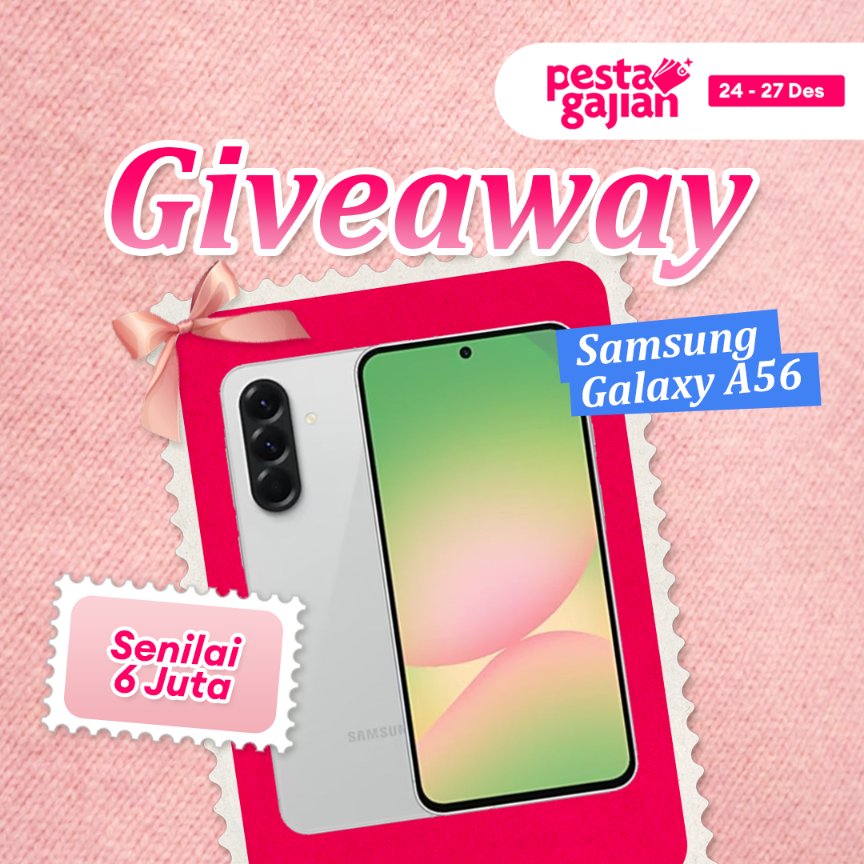 LazadaID's tweet image. GIVEAWAY ALERT

Enaknya hari gajian + akhir tahun bisa sekalian dapet HP baru!

1. Follow @LazadaID
2. RT, Like &amp;amp; REPLY dengan kalimat "Ada Samsung Galaxy A56 di Lazada Pesta Gajian" Sebanyak-banyaknya cusssss!