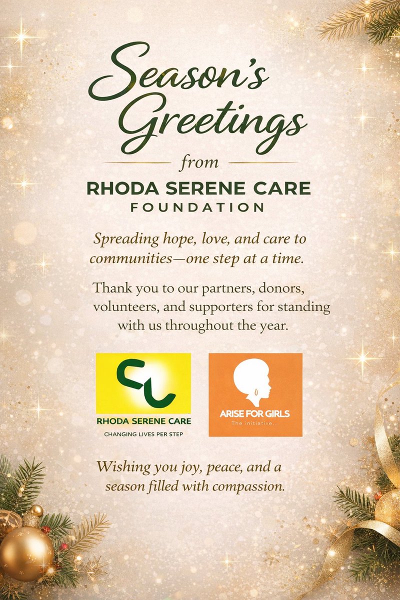 Season’s Greetings from Rhoda Serene Care Foundation ✨
Thank you to our partners, donors, volunteers, and supporters for standing with us and helping us change lives—one step at a time. Wishing you joy, peace, and a season filled with compassion. 💛
#SeasonsGreetings #Gratitude