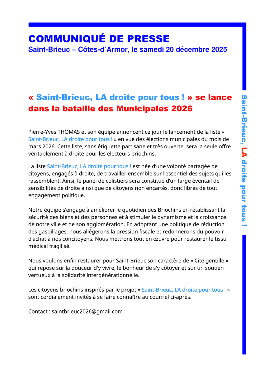 STB_LDPTous's tweet photo. Lancement officiel "Saint-Brieuc, LA droite pour tous !" pour les #Municipales2026 à #SaintBrieuc.

▶️ Assurer #Sécurité et tranquillité.
▶️ Valoriser #travail , #effort , #initiative.
▶️ Protéger cadre de vie, #Identité locale.
▶️ #transparence #responsabilité. https://t.co/WfpzKUflhT