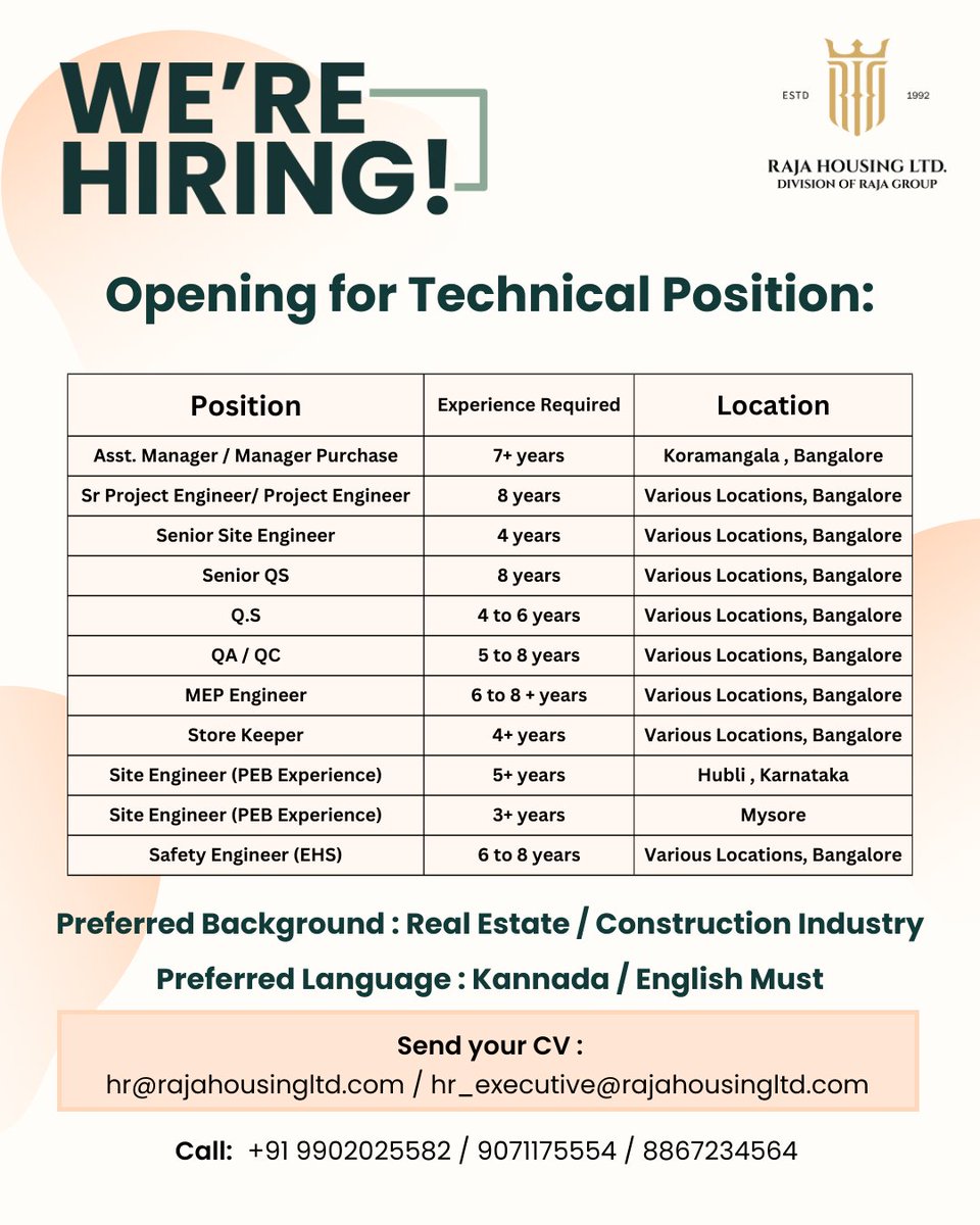 rajahousingblr's tweet photo. 🚧 We’re Hiring! Opening for Technical Positions 👷‍♂️🏗️

#rajahousingltd #wearehiring #technicaljobsbangalore #constructionjobs #realestatecareers #siteengineerjobs #projectengineerjobs #qsjobs #mepengineerjobs #safetyengineerjobs https://t.co/4W7Upa0YIt