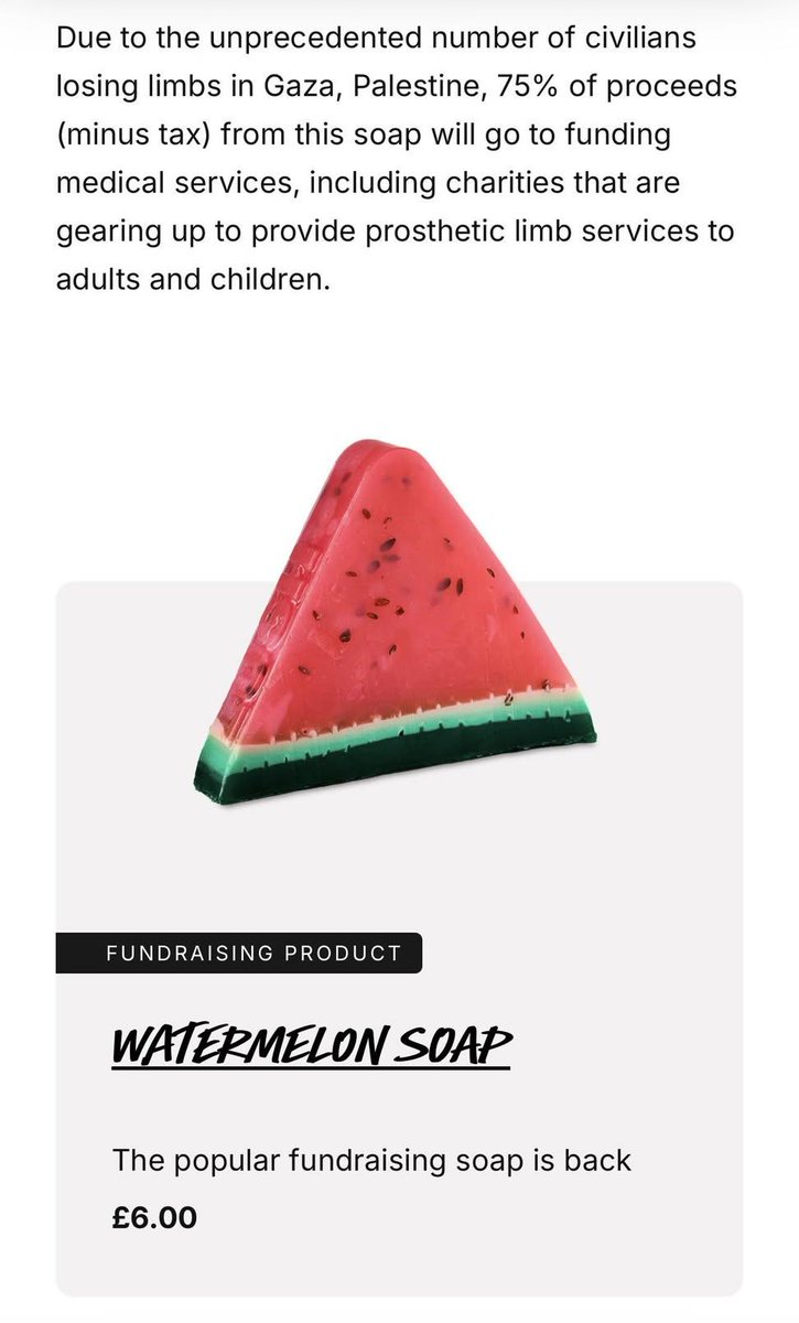 PeterWMurphy1's tweet image. Zionists are angry bc cosmetics retailer @LushLtd is donating the proceeds from their watermelon soap to help amputee children in Gaza! Zionists are protesting a company for providing support to Palestinian amputee children! #IsraeliTerrorism  #FreePalestine