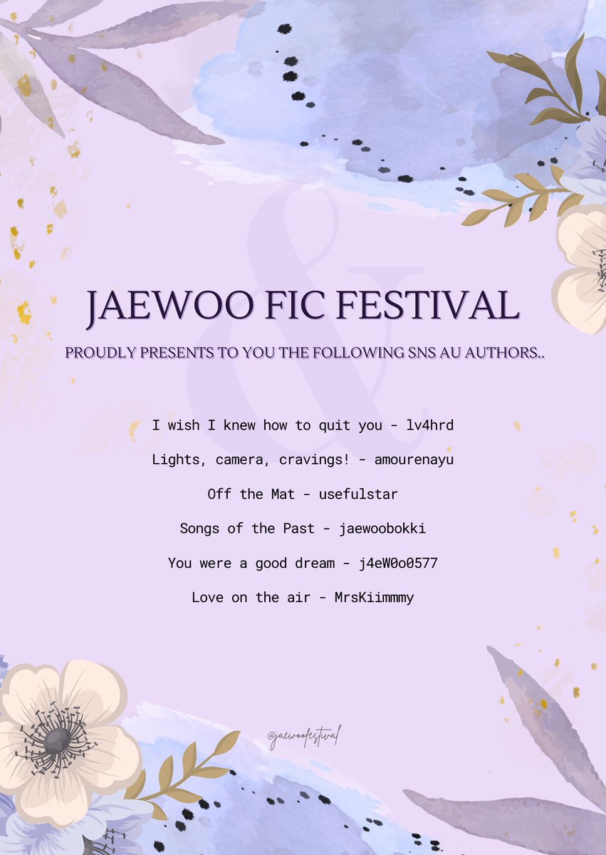 jaewoofestival's tweet photo. 📢 Thank you to the following writers who transformed their ideas into lively SNS AUs. Everyone can now indulge in a feast of stories like never before! 💜

NOTE: Authors are now welcome to QRT their works and upload them on X. 

#jaewooficfestival #reveals #SNS https://t.co/hzQclnON2X