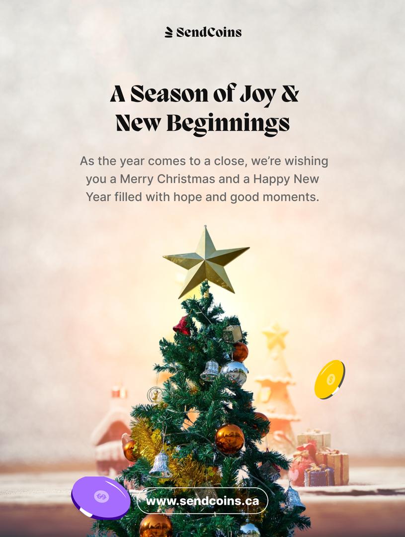 As the year comes to a close, we’re grateful for every connection, every lesson, and every step forward.

Here’s to a season of joy, reflection, and new beginnings.
Wishing you a Merry Christmas &amp; a New Year filled with hope, progress, good moments.

From all of us at Sendcoins.