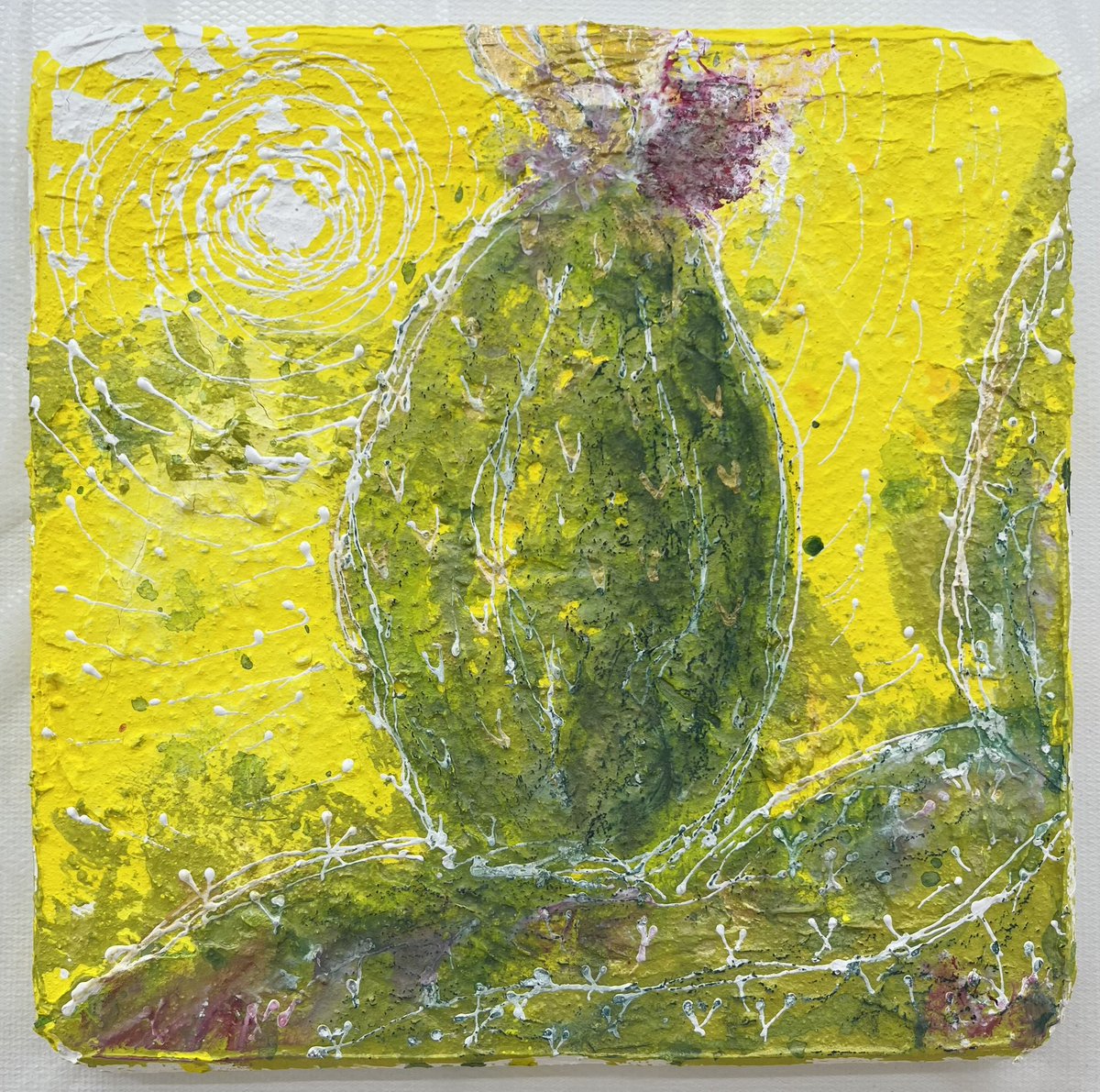 アクリル画 緑と黄色の作品 作品名「涸れず強く」 273×273 漆喰、水干絵具、アクリル絵具、パール