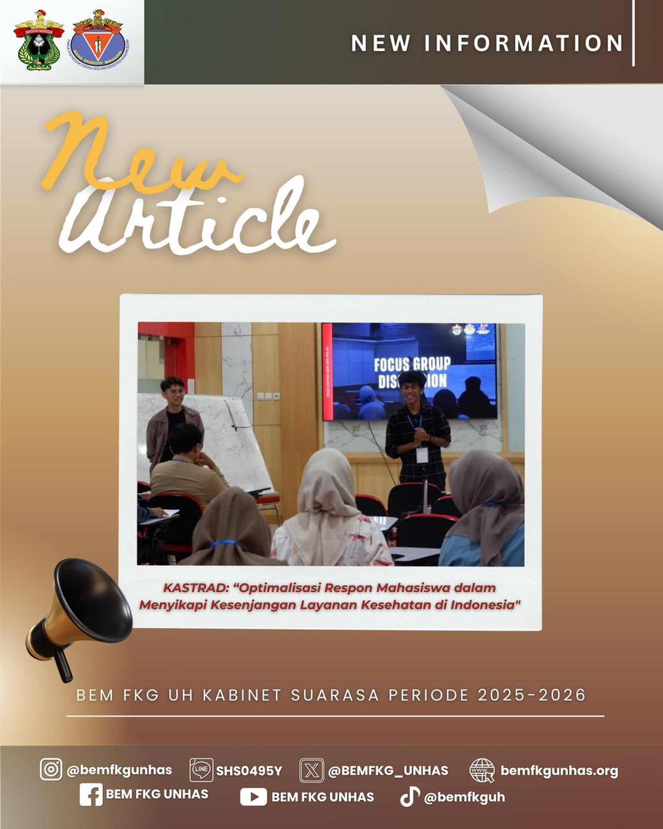 KASTRAD: “Optimalisasi Respon Mahasiswa dalam Menyikapi Kesenjangan Layanan Kesehatan di Indonesia”
Halo, KM FKG UH!

Yuk, simak artikel terbaru dengan judul:
KASTRAD: Optimalisasi Respon Mahasiswa dalam Menyikapi Kesenjangan Layanan Kesehatan di Indonesia

Selamat membaca! ✨