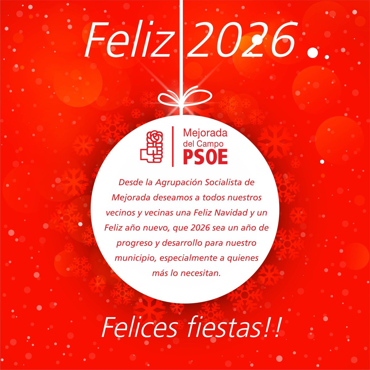 🌹 Desde la Agrupación Socialista de Mejorada del Campo os deseamos una #FelizNavidad y lo mejor para 2026. 

❤️ Que sea un año lleno de salud, trabajo y progreso, especialmente para los mejoreñ<a href="/s/">『S』</a> y para nuestro municipio.