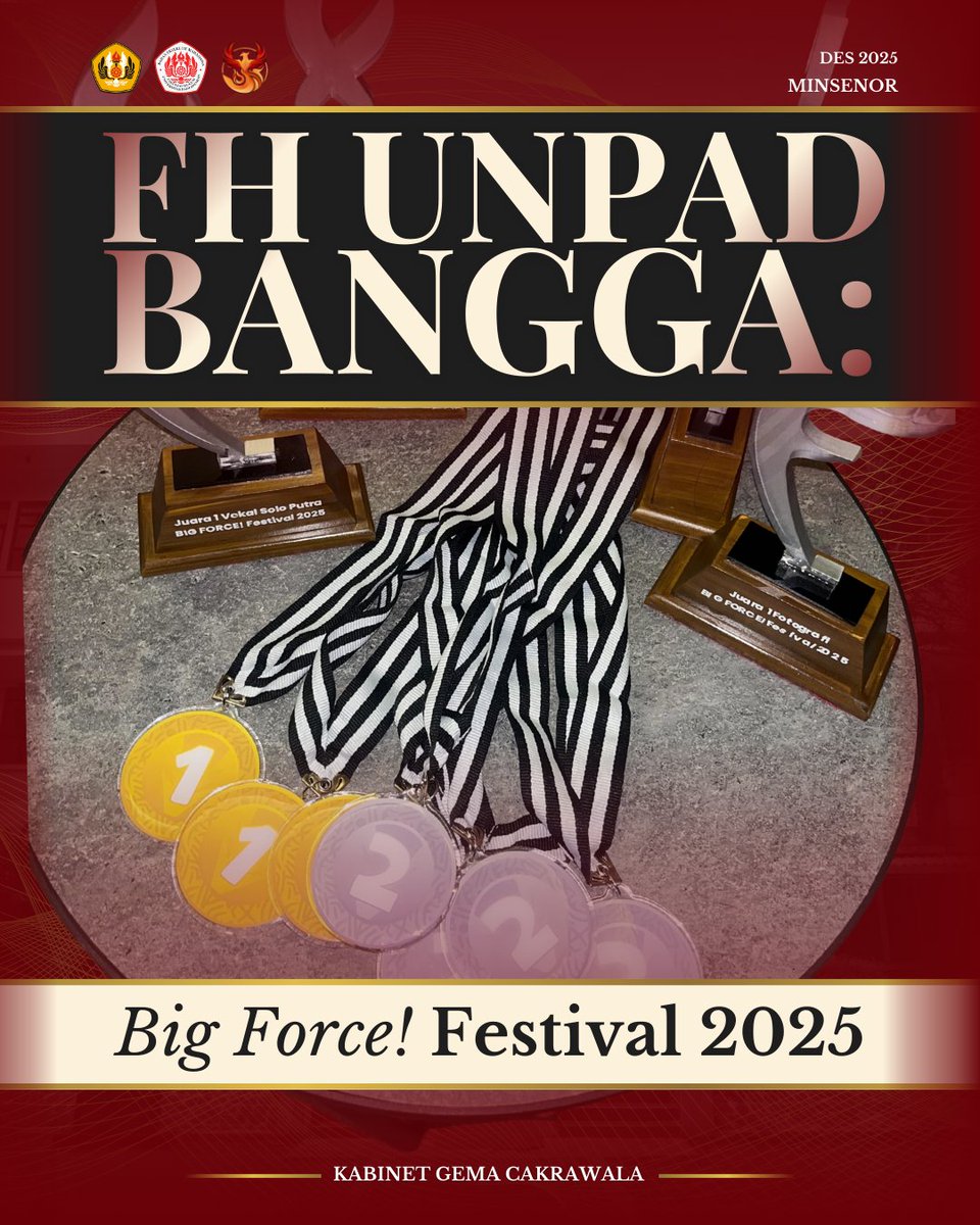 BEMFHUNPAD's tweet photo. [𝐅𝐇 𝐔𝐍𝐏𝐀𝐃 𝐁𝐀𝐍𝐆𝐆𝐀]

Selamat kepada legiun Hukum yang telah meraih prestasi dalam perlombaan Big Force! Festival 2025. Terima kasih karena sudah mengharumkan dan membanggakan nama Fakultas Hukum pada Perlombaan Big Force! Festival 2025. https://t.co/xmPBBxGN6l