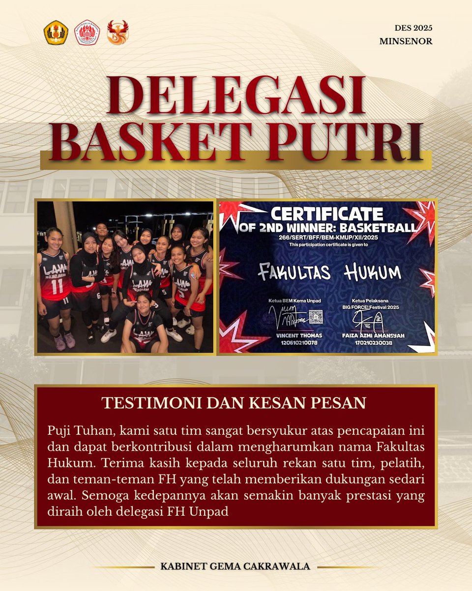 BEMFHUNPAD's tweet photo. [𝐅𝐇 𝐔𝐍𝐏𝐀𝐃 𝐁𝐀𝐍𝐆𝐆𝐀]

Selamat kepada legiun Hukum yang telah meraih prestasi dalam perlombaan Big Force! Festival 2025. Terima kasih karena sudah mengharumkan dan membanggakan nama Fakultas Hukum pada Perlombaan Big Force! Festival 2025. https://t.co/xmPBBxGN6l