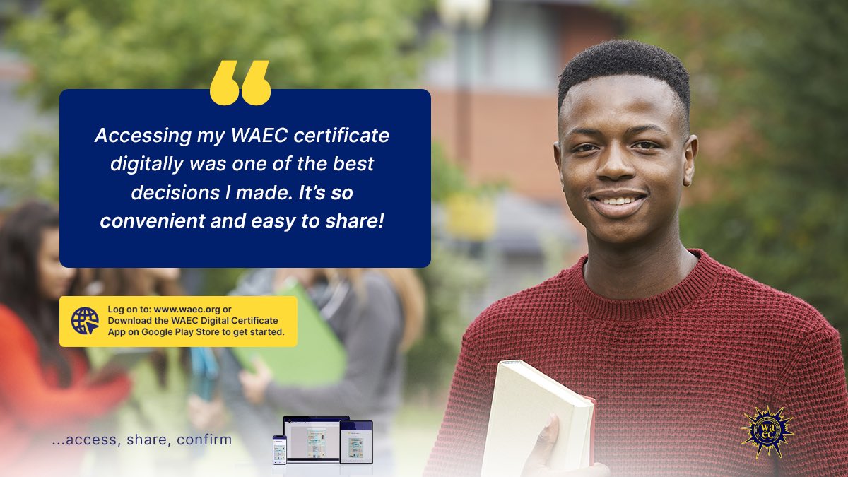waecdigitalcert's tweet image. With the WAEC Digital Certificate Platform, your certificate is always at your fingertips, ready to share anytime, anywhere. Log on to waec.org/?utm_source=X or download the app on the google play store  shorturl.at/Fpomt to get started!       #waec #certificate #exam