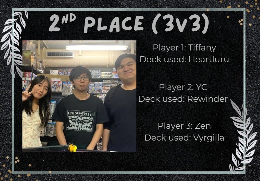 SENTINEL GAMES 21 / DEC WINNERS

1ST PLACE TEAM: Gaole Is A Dog
1ST RUNNER UP: YC Miss Her

Congratulations to all teams thans to all participants for their efforts!
Sentinel Games is located at 570230 Bishan Street 22 Block 230 #B1-035

Tournaments every Sunday for Vanguard!