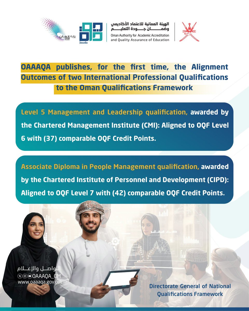 oaaaqa_om's tweet image. الهيئة تصدر نتائج مواءمة أول مؤهلين احترافيين دوليين مع الإطار الوطني للمؤهلات، بما يعزز الاعتراف بالمؤهلات المهنية وفق المعايير الوطنية المعتمدة.

#الهيئة_العمانية_للاعتماد_الأكاديمي_وضمان_جودة_التعليم 
#الإطار_الوطني_للمؤهلات 
#سلطنة_عمان