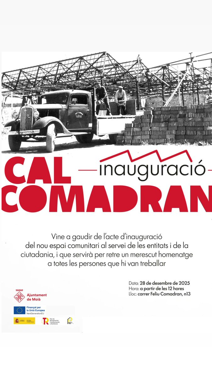 🏛️Cal Comadran torna a formar part del present de Moià!

✨Vine a l'acte d'inauguració del nou espai:

📅 28 de desembre 
🕛 A partir 12 h
📍 C/Feliu Comadran 9-11

🏭Un espai amb història que recuperem per posar-lo al servei de les entitats i de la ciutadania

📣 Us hi esperem‼️