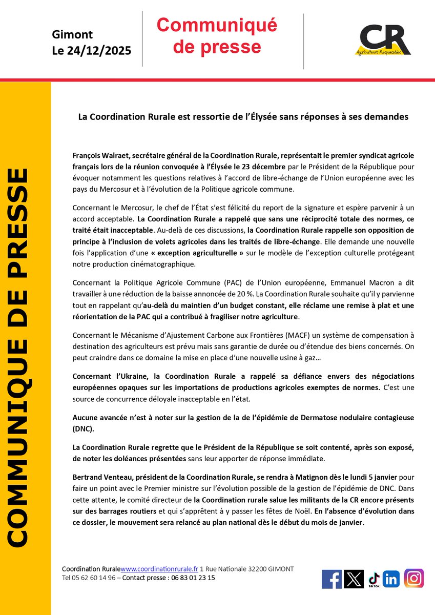coordinationrur's tweet image. 🔴 COMMUNIQUÉ DE PRESSE – DEBRIEF DU RENDEZ-VOUS À L’ÉLYSÉE ! Réunis à l’Élysée le 23 décembre, nous sommes ressortis sans réponses concrètes à nos demandes, malgré l’urgence de la situation agricole.
Mercosur, PAC, concurrence déloyale, DNC : les sujets étaient sur la table,…