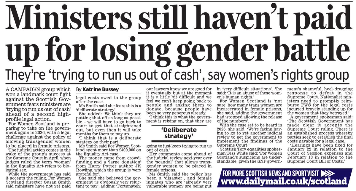 AgentP22's tweet photo. The SNP lost in the Supreme Court.
They were ordered to pay costs.
They still haven’t paid.

This isn’t incompetence. It’s spiteful abuse of state power — punish the women who embarrassed them and hope they run out of cash before the next fight. https://t.co/xEedts39jn