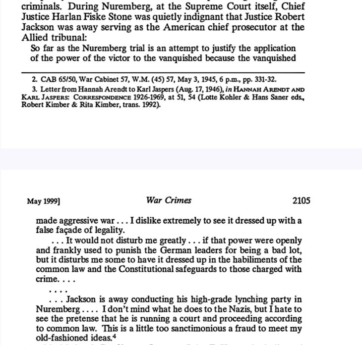 ObserverR8's tweet image. Harlan Stone, US Supreme Court Chief Justice, described the Nuremberg trials as a "high-grade lynching party" and a "sanctimonious fraud". John F. Kennedy dedicated a chapter to praising Senator Robert Taft for objecting to Nuremberg as a betrayal of American legal standards.