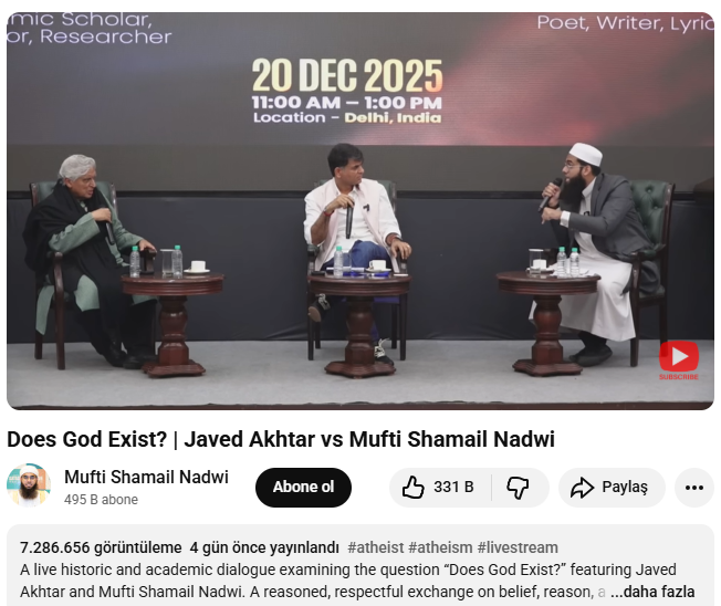 MuslimNewsTR's tweet photo. 🔴 Malezya'da Shamail Nadwi ile ateist yazar Javed Akhtar arasında İslam ve ateizm ekseninde bir tartışma programı gerçekleştirildi. 

Dört gün önce yayınlanan ve 7 milyondan fazla izlenen programın ardından, sosyal medyada çok sayıda kullanıcının İslam'ı kabul ettiği bildirildi. https://t.co/tTONWmIvTF